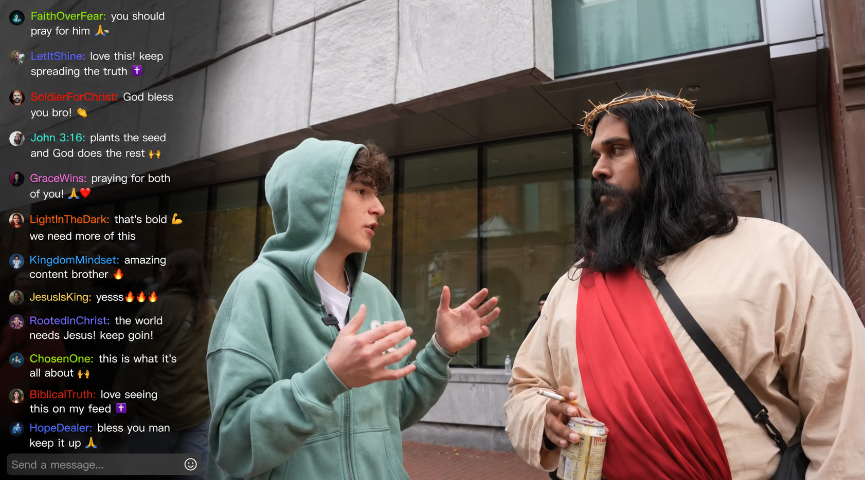 A livestream evangelism conversation in progress on the street